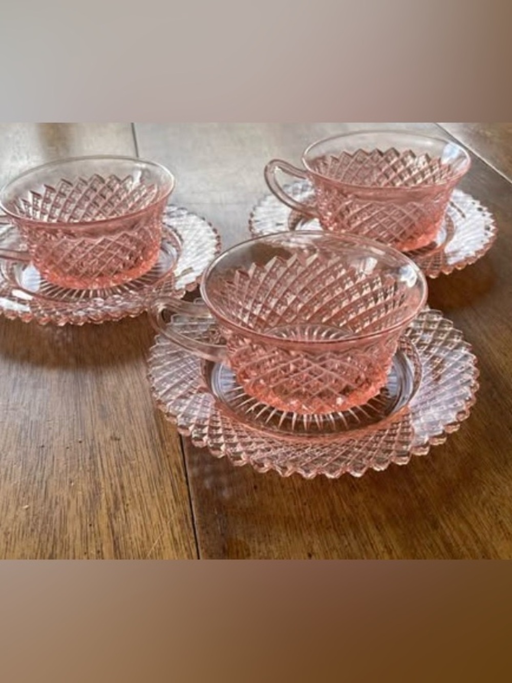 Vintage Pink Pressed Glass Teacup and Saucer Set - Elegant Pink Glass